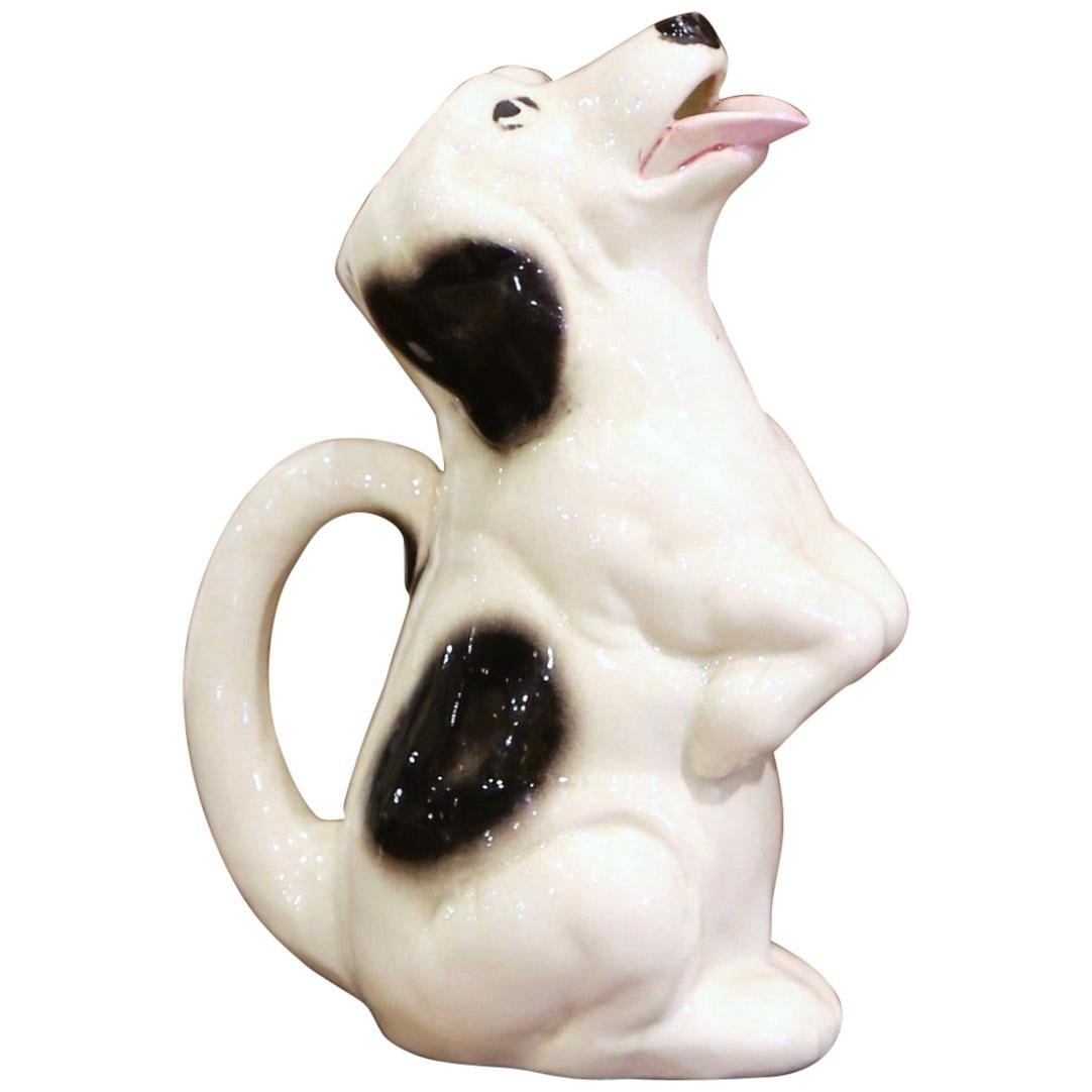 19th Century Sarreguemines Majolica Dog Pitcher Hand-Painted Ceramic: 19th Century Sarreguemines Majolica Dog Pitcher Hand-Painted Ceramic This exquisite 19th Century French Barbotine ceramic pitcher from Sarreguemines is a stunning addition to any home decor. Created a