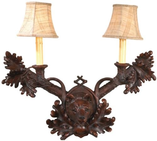 Mountain Style Rustic Bear Wall Sconce with 2 Candelabra Bulbs: Mountain Style Rustic Bear Wall Sconce with 2 Candelabra Bulbs Illuminate your space with this Mountain Style Rustic Bear Sconce, featuring two elegant candelabras. This medium-sized wall sconce is ha