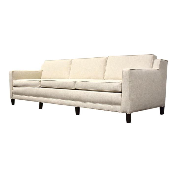 Edward Wormley Modern Sofa for Dunbar Mahogany Off-White Fabric: Edward Wormley Modern Sofa for Dunbar Mahogany Off-White Fabric Experience the elegance of mid-century modern design with this long sofa, expertly crafted by Edward Wormley for Dunbar. This stunning p