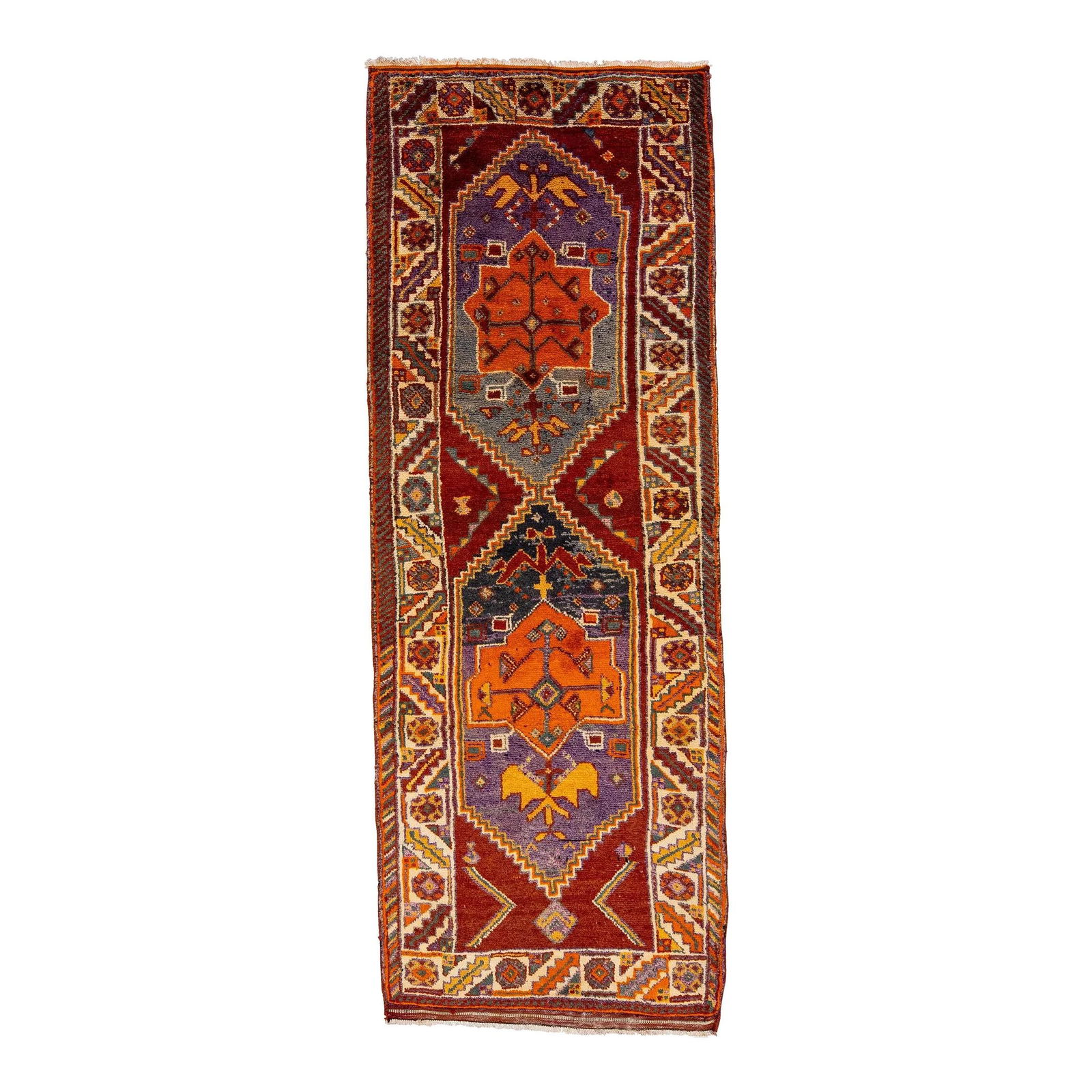 Vintage 1960s Multicolor Heriz Hand-Knotted Wool Rug 3'9 x 10'4: Vintage 1960s Multicolor Heriz Hand-Knotted Wool Rug 3'9 x 10'4 Discover the charm of this exquisite vintage 1960s Heriz handmade wool rug, featuring a captivating all-over tribal motif with vibrant m