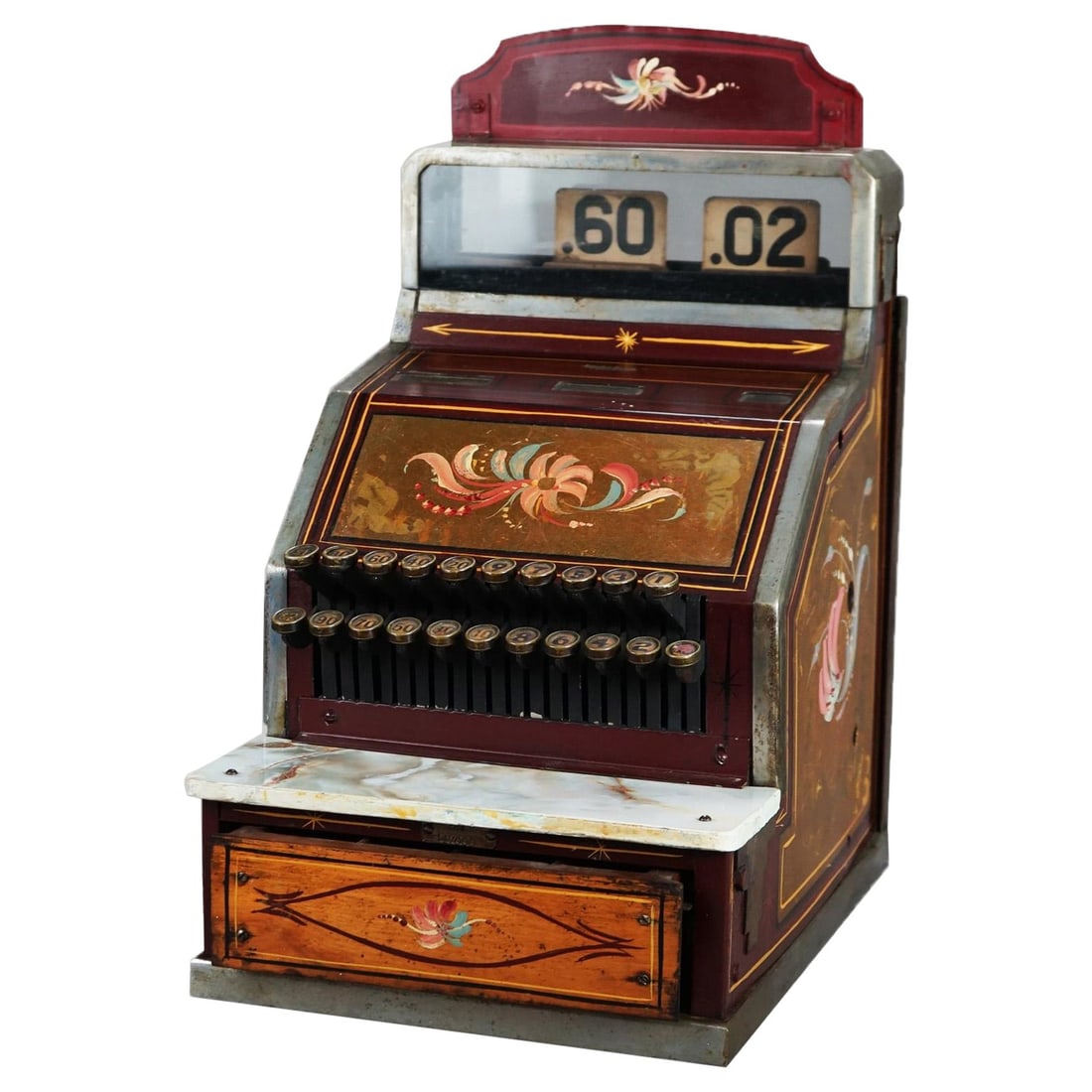 Art Nouveau Antique Gilt Floral Hand-Painted Soda Fountain Cash Register c1920: Art Nouveau Antique Gilt Floral Hand-Painted Soda Fountain Cash Register c1920 This exquisite antique cash register from the 1920s is a true piece of history, featuring ornate gilt and floral hand-pai