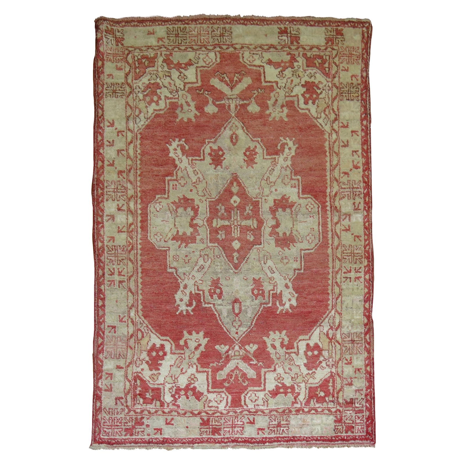 Antique Watermelon Red Oushak Rug 4'2 x 6'9 Hand-Woven Turkish 1920: Antique Watermelon Red Oushak Rug 4'2 x 6'9 Hand-Woven Turkish 1920 Explore the beauty of this Watermelon Red Antique Oushak Rug from the Zabihi Collection. This exquisite piece features a vibrant red