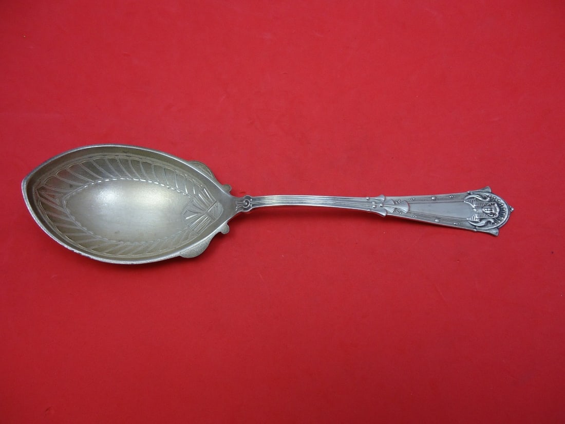 Whiting Egyptian Sterling Silver Berry Spoon 9" Bright Cut Design: Whiting Egyptian Sterling Silver Berry Spoon 9" Bright Cut Design This exquisite serving spoon features a bright cut bowl design in the Egyptian pattern by Whiting. Crafted from sterling silver, this