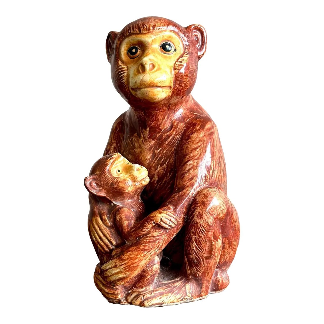 Vintage Ceramic Boho Monkey Mother and Baby Sculpture: Vintage Ceramic Boho Monkey Mother and Baby Sculpture This beautifully crafted ceramic sculpture depicts a touching moment between a mother monkey and her baby, showcasing exquisite detail and a warm,