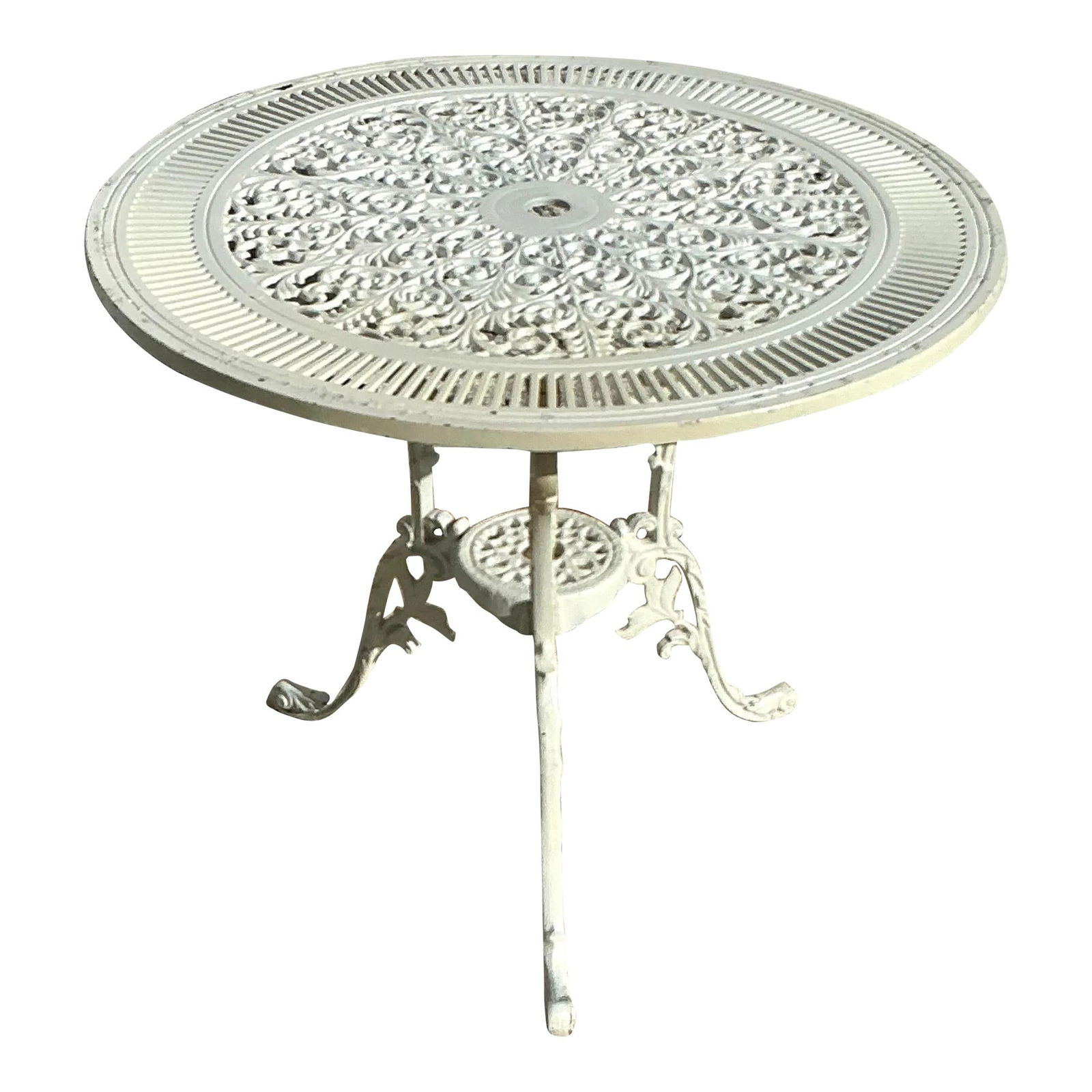Vintage Coastal Wrought Iron Cage Table Alabaster Finish: Vintage Coastal Wrought Iron Cage Table Alabaster Finish Enhance your living space with this vintage coastal pierced wrought iron cage table. This piece showcases intricate openwork detailing and a ro