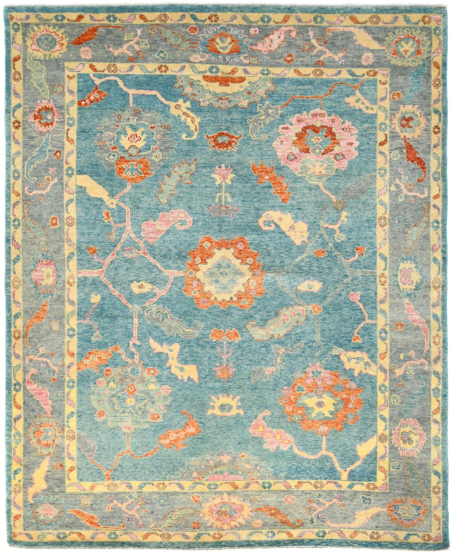 Handmade Wool Floral Oushak Chobi Rug 8'2 x 10'1 Farmhouse Style: Handmade Wool Floral Oushak Chobi Rug 8'2 x 10'1 Farmhouse Style Enhance your living space with this Handmade Muted Blue Floral Oushak Chobi Oriental Rug. Measuring 8'2" x 10'1" (approximately 121" x