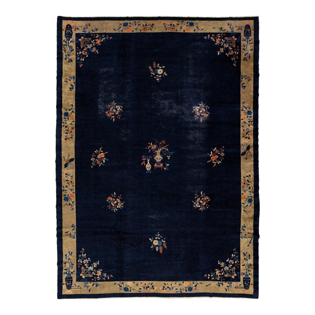 Antique Chinese Art Deco Wool Rug 11'10 x 16'5 Navy Blue Floral: Antique Chinese Art Deco Wool Rug 11'10 x 16'5 Navy Blue Floral Discover the timeless beauty of this antique Chinese Art Deco rug, intricately hand-knotted from high-quality wool. The stunning deep na
