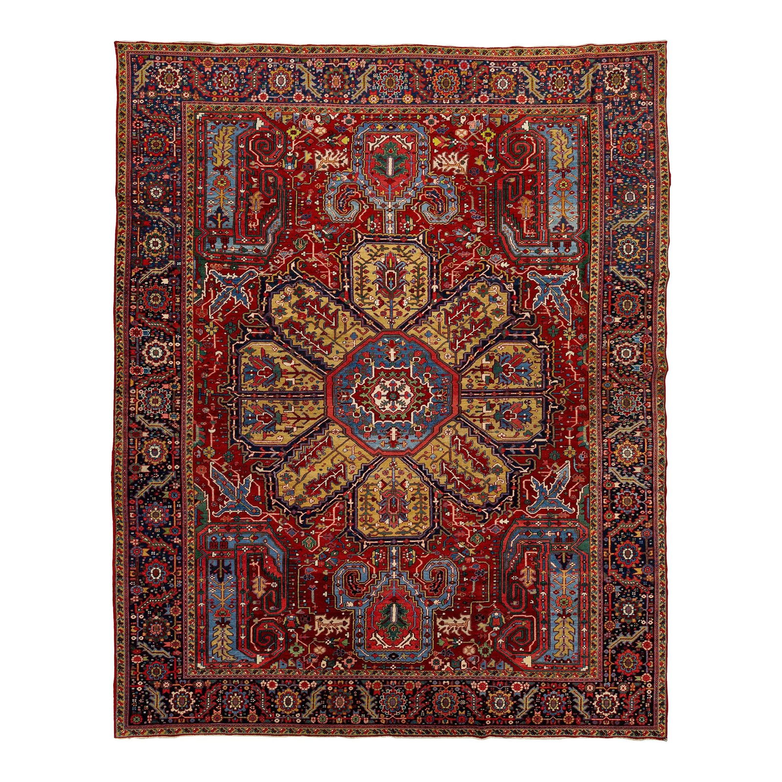 20th Century Antique Heriz Multicolor Floral Wool Rug 11'1 x 13'10: 20th Century Antique Heriz Multicolor Floral Wool Rug 11'1 x 13'10 Introducing a stunning antique Heriz hand-knotted wool rug, showcasing a vibrant red field adorned with a dark goldenrod center medal