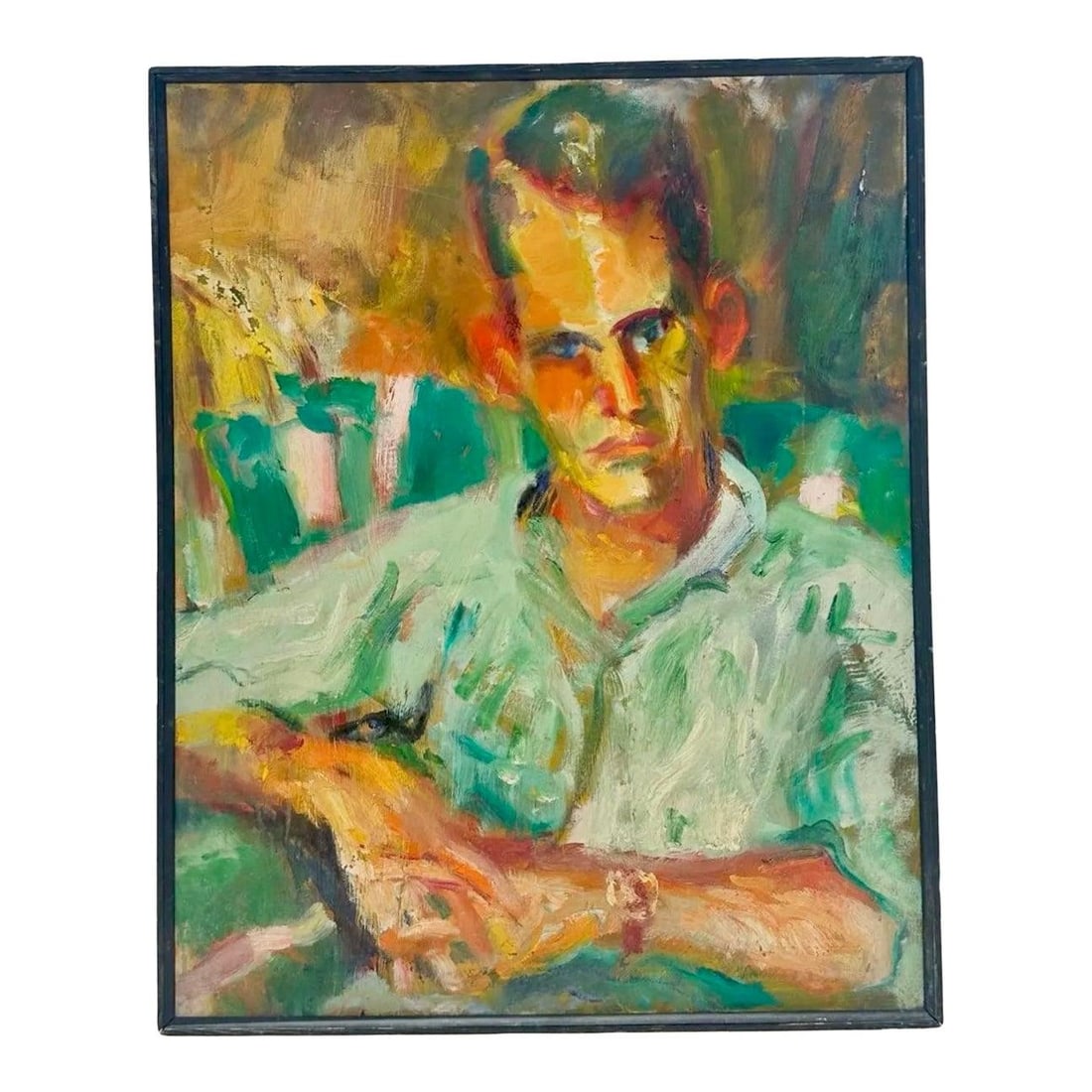 Framed Oil on Canvas Portrait Depicting Man in Bohemian Style: Framed Oil on Canvas Portrait Depicting Man in Bohemian Style This vintage boho portrait features a man rendered in oil on canvas, showcasing expressive brushwork and a harmonious blend of warm and co