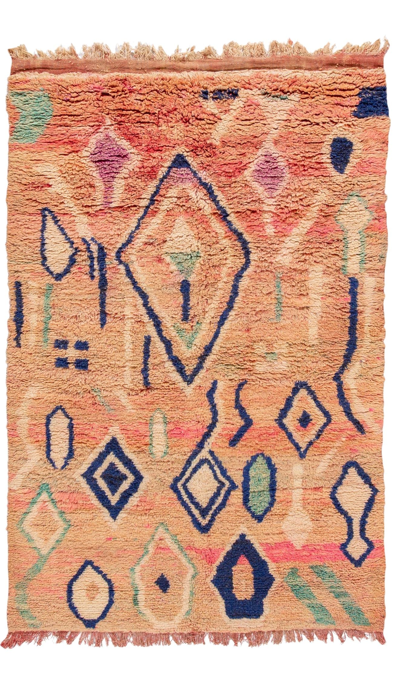 Vintage Azilal Moroccan Hand-Knotted Wool Rug 5' x 7'9: Vintage Azilal Moroccan Hand-Knotted Wool Rug 5' x 7'9 This stunning Vintage Azilal Moroccan rug showcases exquisite hand-knotting with a beautiful peach field as its base. Adorned with vibrant multi-