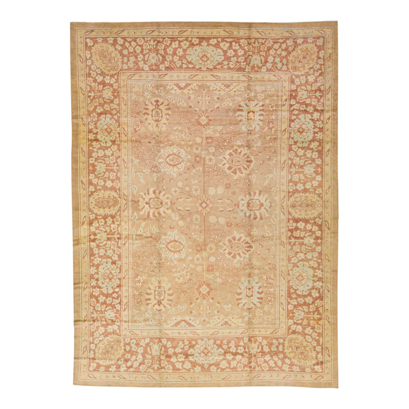 Tan Oushak Handmade Wool Rug with Floral Design 10'8 x 14'4: Tan Oushak Handmade Wool Rug with Floral Design 10'8 x 14'4 Enhance your space with this stunning modern Oushak handmade wool rug, featuring a beautiful tan color field. Adorned with a rusted-designed