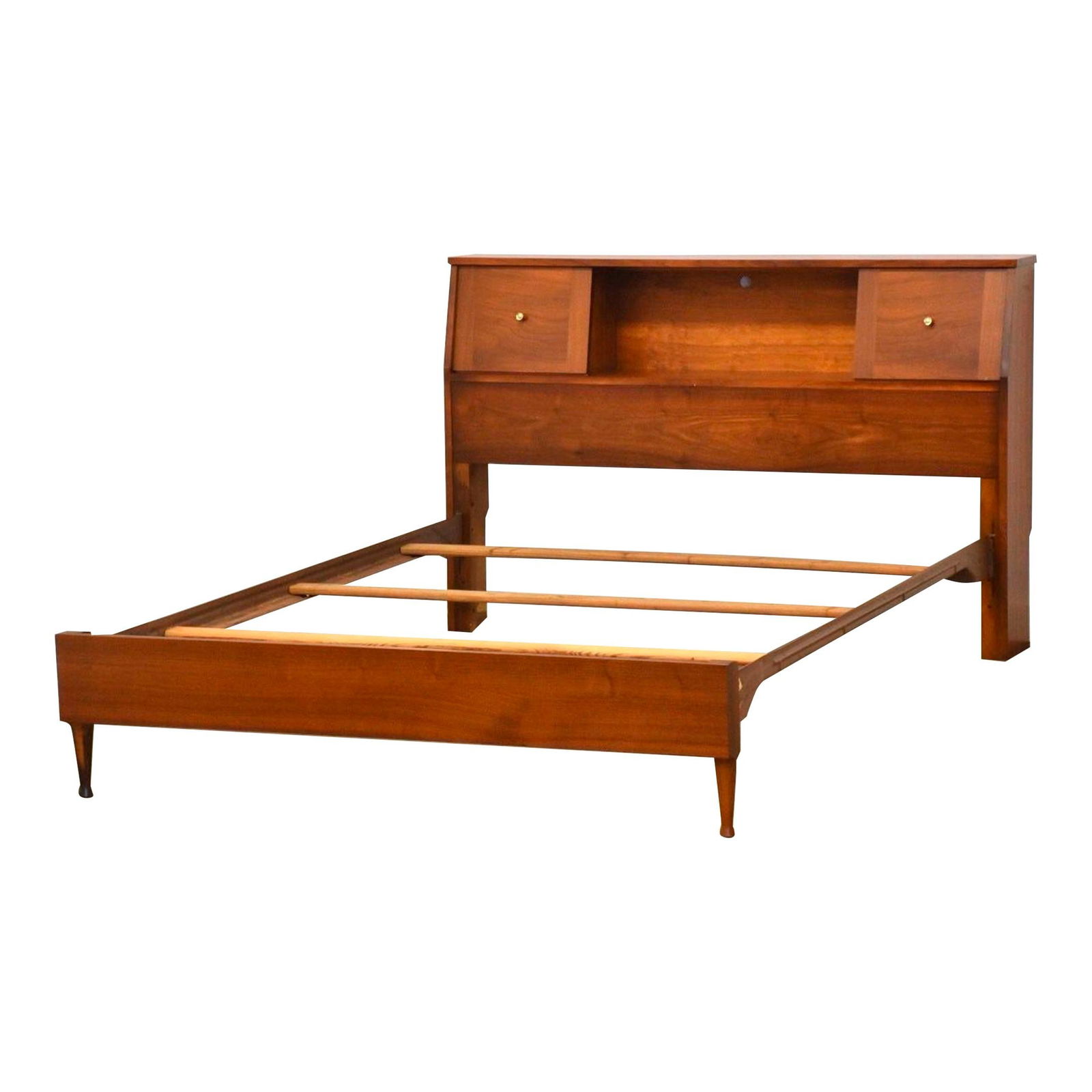 1960s Walnut Mid Century Modern Full Bed with Bookcase Back: 1960s Walnut Mid Century Modern Full Bed with Bookcase Back This stunning mid-century modern full-size bed features a beautiful walnut finish, complemented by sliding doors and a practical bookcase ba
