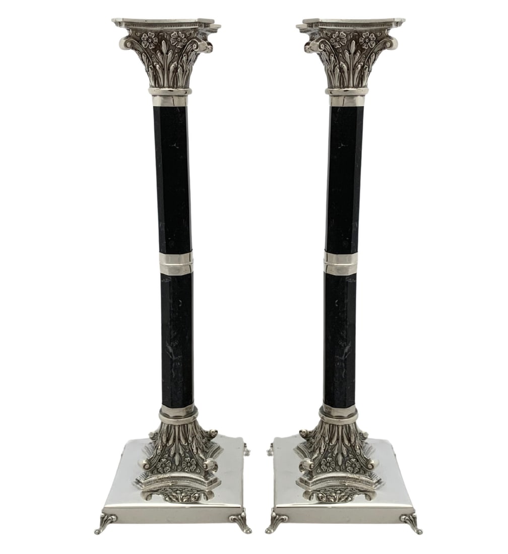Tall Italian 925 Sterling Silver Floral Column Candlesticks with Stone Accents: Tall Italian 925 Sterling Silver Floral Column Candlesticks with Stone Accents These exquisite tall candlesticks are crafted from fine 925 sterling silver and feature unique handmade floral column des