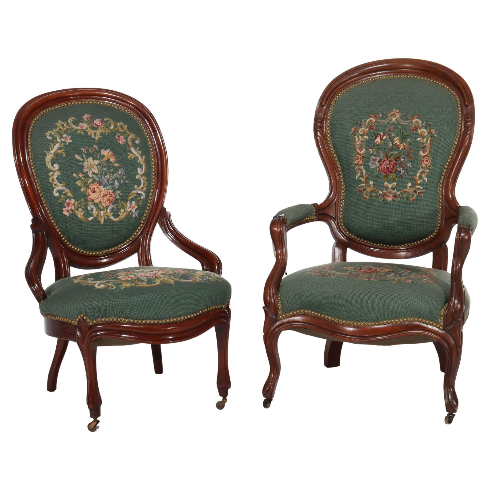 Set of 2 Renaissance Revival Walnut Needlepoint Armchairs C1880: Set of 2 Renaissance Revival Walnut Needlepoint Armchairs C1880 This stunning pair of Renaissance Revival carved walnut and needlepoint parlor armchairs, dating back to circa 1880, exemplifies the ele