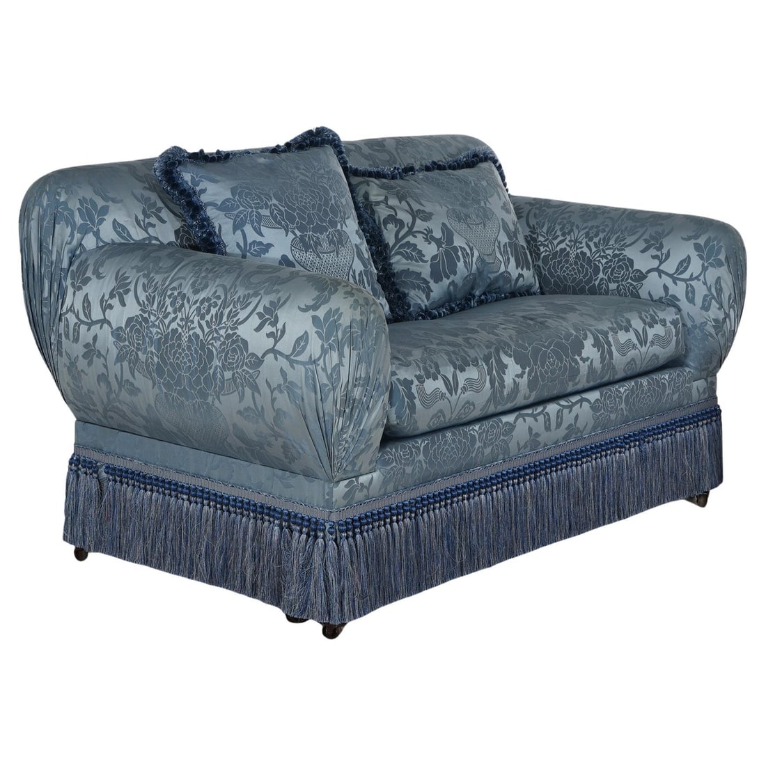 Hollywood Regency Upholstered Overstuffed Settee with Fringe Skirt 20th Century: Hollywood Regency Upholstered Overstuffed Settee with Fringe Skirt 20th Century This exquisite Hollywood Regency upholstered overstuffed settee features a charming fringe skirt, embodying the lavish s