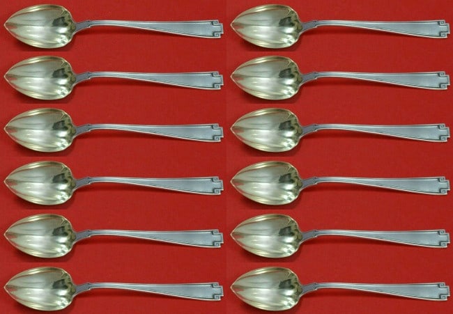 Gorham Etruscan Sterling Silver Grapefruit Spoon Set 12 pcs Art Deco 6": Gorham Etruscan Sterling Silver Grapefruit Spoon Set 12 pcs Art Deco 6" Elevate your dining experience with this exquisite set of 12 Etruscan grapefruit spoons by Gorham. Crafted from high-quality ste