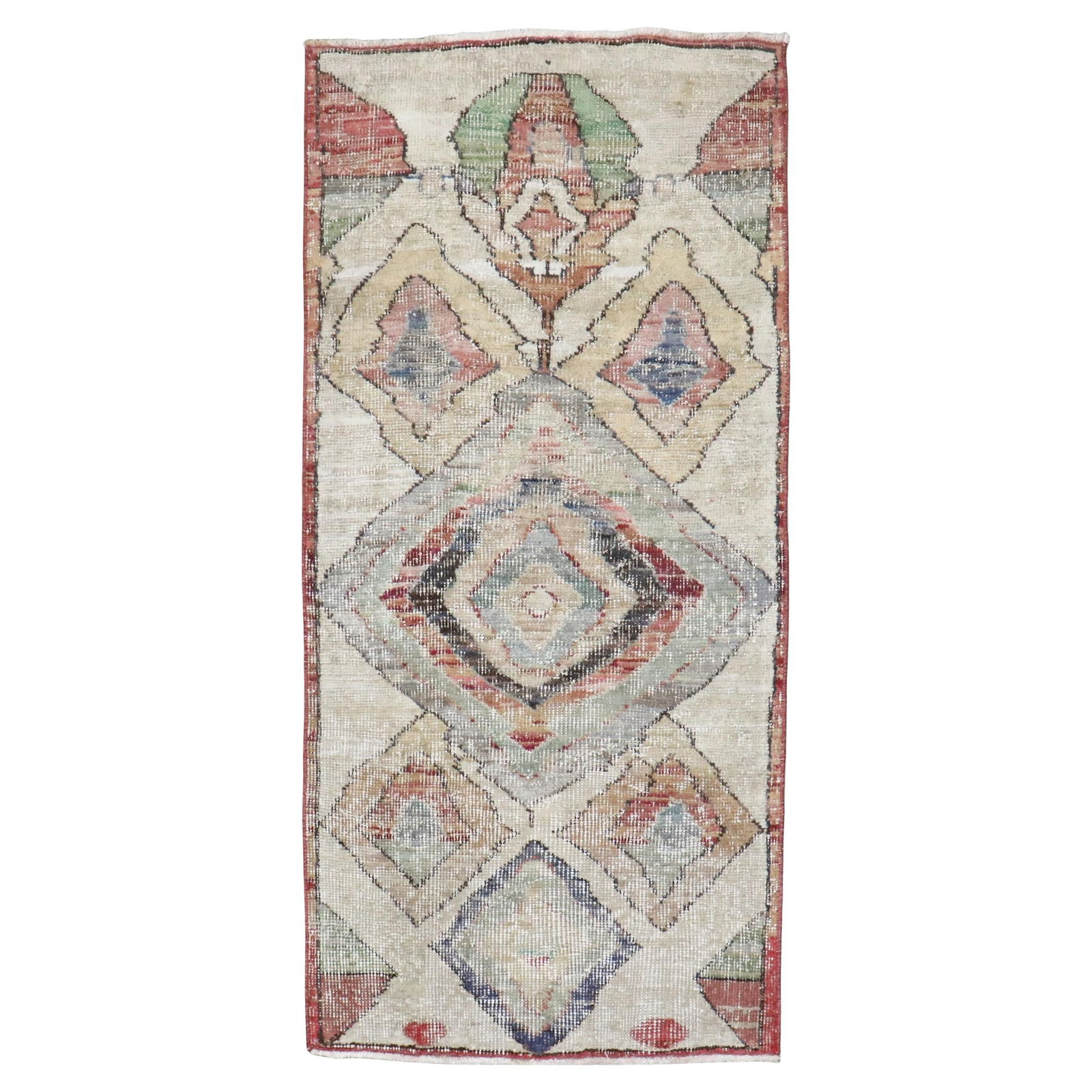 Mid-Century Turkish Anatolian Wool Geometric Rug 26 x 53 Inches: Mid-Century Turkish Anatolian Wool Geometric Rug 26 x 53 Inches This is an abstract geometric rug from mid-20th century Turkey, crafted in the Anatolian Deco style. The rug is hand-knotted from wool a