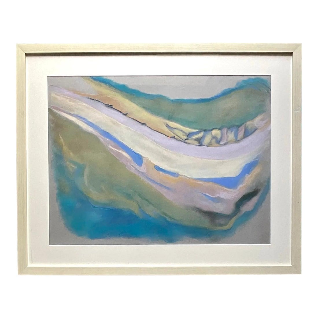 1980s Abstract Pastel Artwork on Paper Signed by Artist: 1980s Abstract Pastel Artwork on Paper Signed by Artist This original abstract pastel painting from the 1980s showcases a blend of blues, greens, and neutral tones in a serene and dynamic composition.