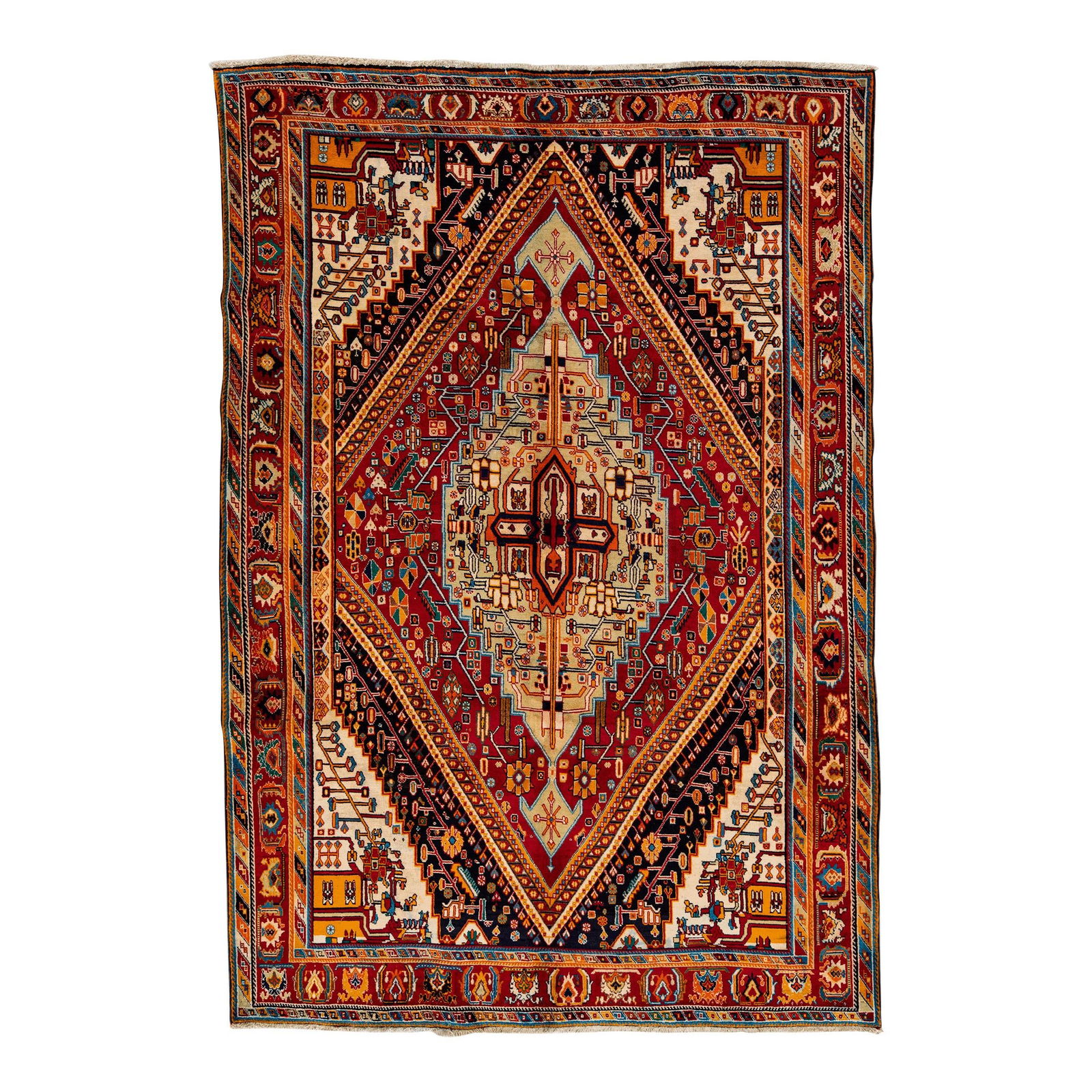 Vintage Handmade Shiraz Red Medallion Wool Rug 6'8" X 9'11": Vintage Handmade Shiraz Red Medallion Wool Rug 6'8" X 9'11" This exquisite Vintage Shiraz rug showcases traditional craftsmanship with its hand-knotted wool construction. Featuring a striking red fiel