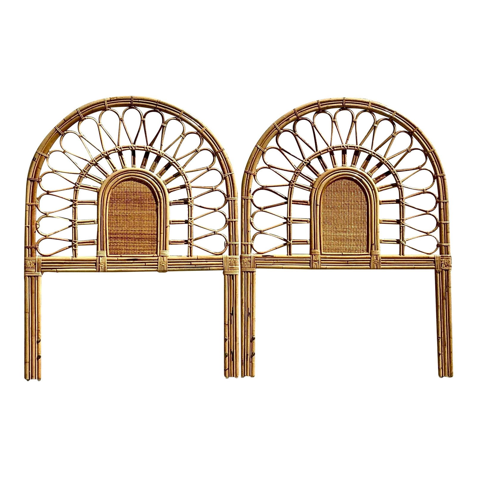 Pair of Vintage Coastal Rattan Twin Headboards with Loop Design: Pair of Vintage Coastal Rattan Twin Headboards with Loop Design Transform your bedroom into a tranquil coastal retreat with this pair of Vintage Coastal Loop Rattan Twin Headboards. Expertly crafted f