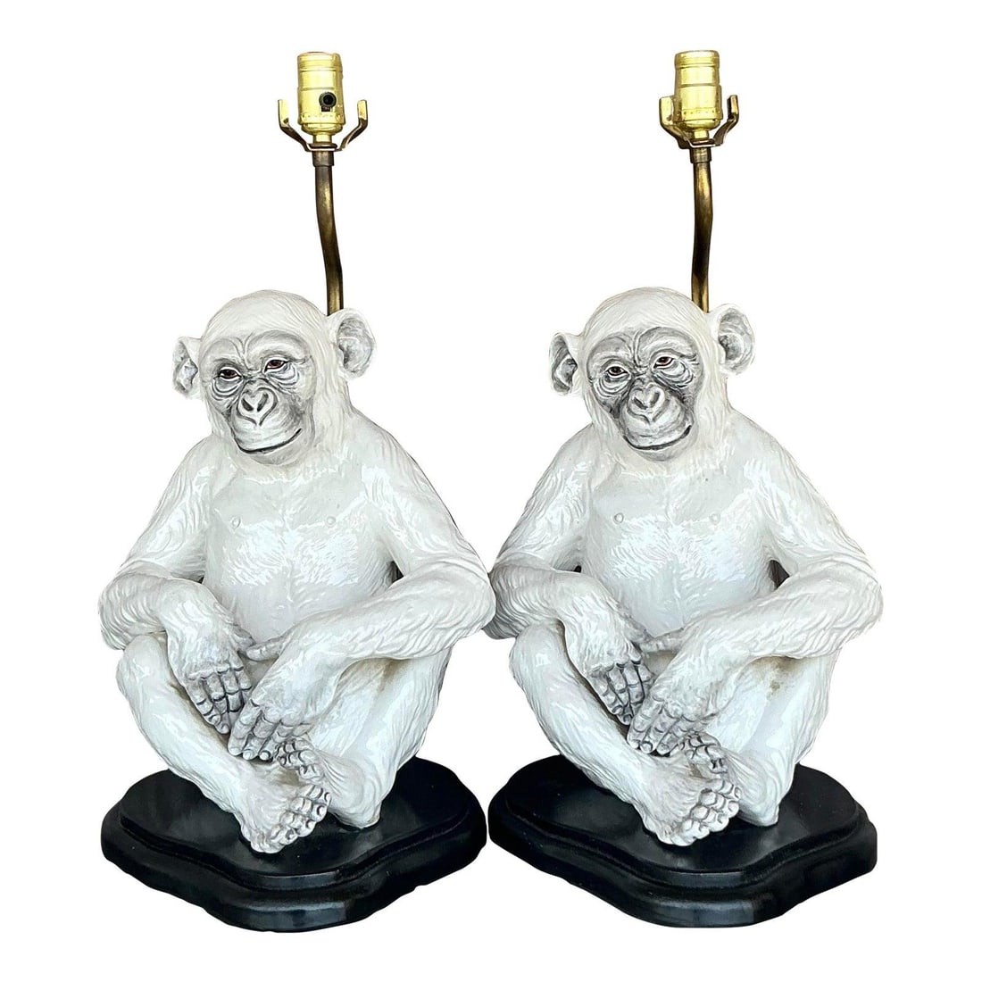 Vintage Italian Ceramic Monkey Lamps Pair Ebonized Wood Base (1 of 10)
