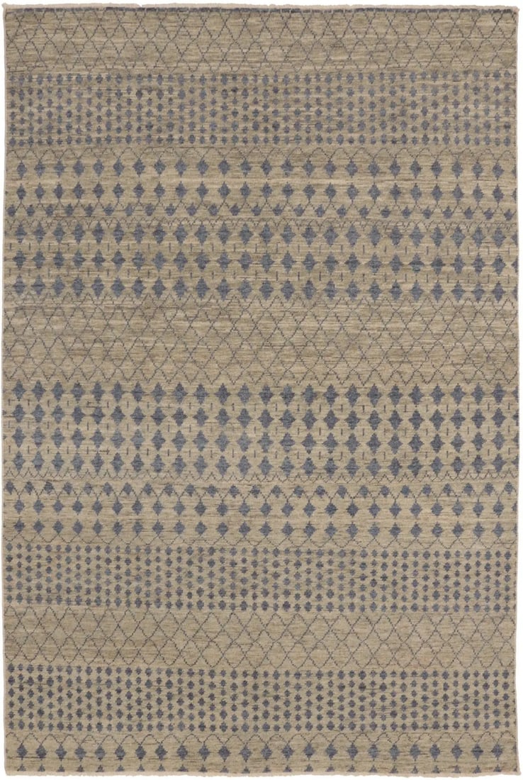 Muted Geometric Wool Hand-Knotted Modern Rug 5'11 x 8'11 for Living Spaces: Muted Geometric Wool Hand-Knotted Modern Rug 5'11 x 8'11 for Living Spaces This hand-knotted modern wool area rug features a geometric design in muted tones of beige and gray. Handmade in India, the r