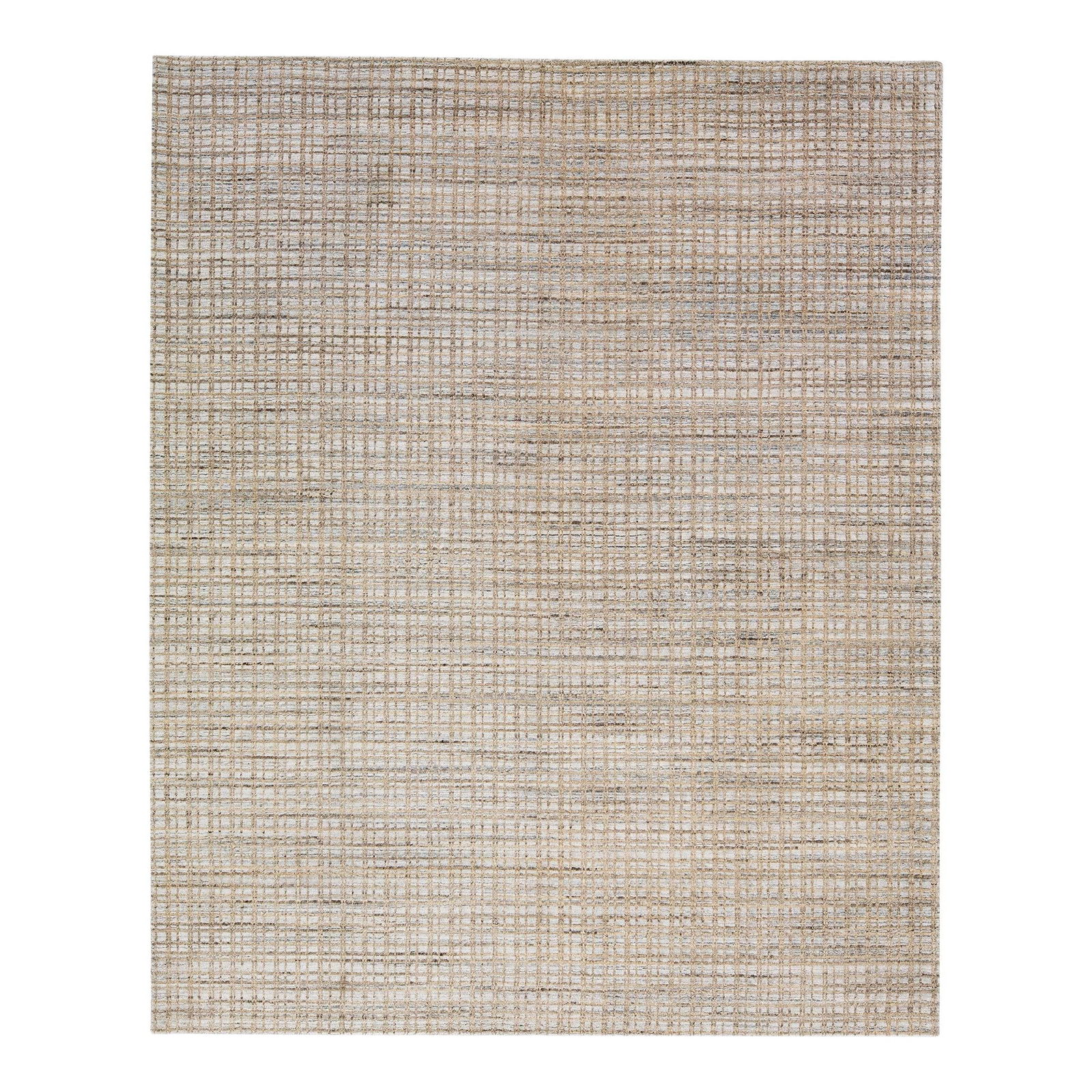 Modern Handmade Gray Wool Silk Rug 8' x 10' Geometric Design: Modern Handmade Gray Wool Silk Rug 8' x 10' Geometric Design Enhance your living space with this exquisite modern handmade rug, crafted from a luxurious blend of Indian wool and silk. The rug features