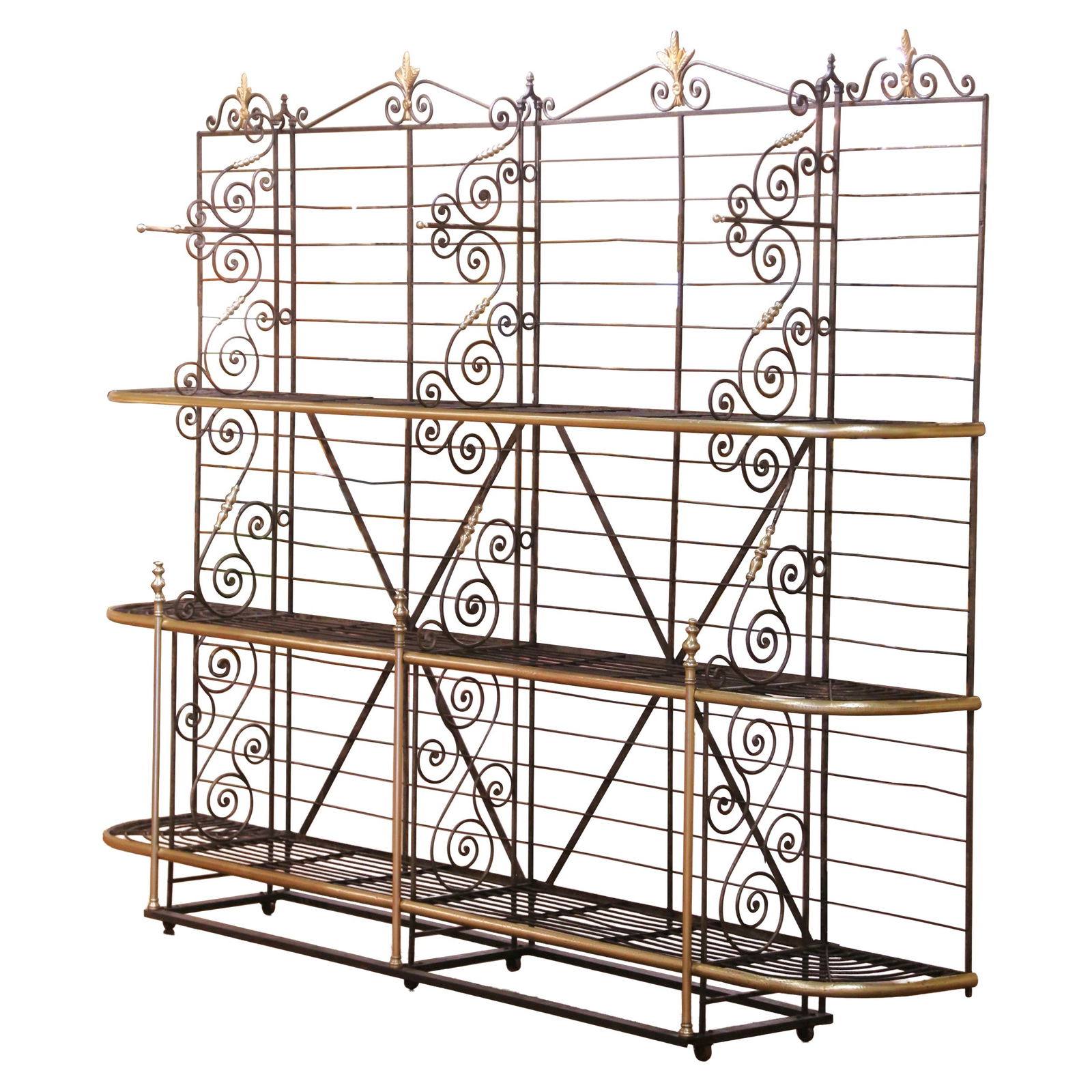 French Patinated Wrought Iron and Brass Rolling Baker's Etagere Circa 1920: French Patinated Wrought Iron and Brass Rolling Baker's Etagere Circa 1920 This early 20th century French baker's rack combines hand-forged wrought iron construction with decorative brass trim, turned