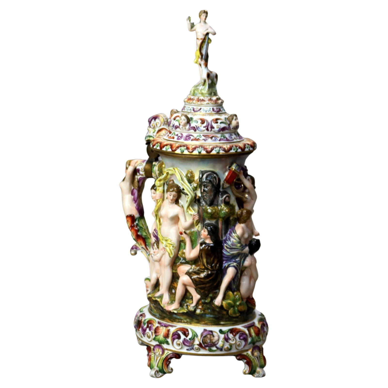 Antique Italian Majolica Figural Tankard c1890 Classical Scene 20in: Antique Italian Majolica Figural Tankard c1890 Classical Scene 20in This oversized Antique Italian Majolica Figural Footed Tankard, dating to circa 1890, showcases a beautifully detailed classical sce