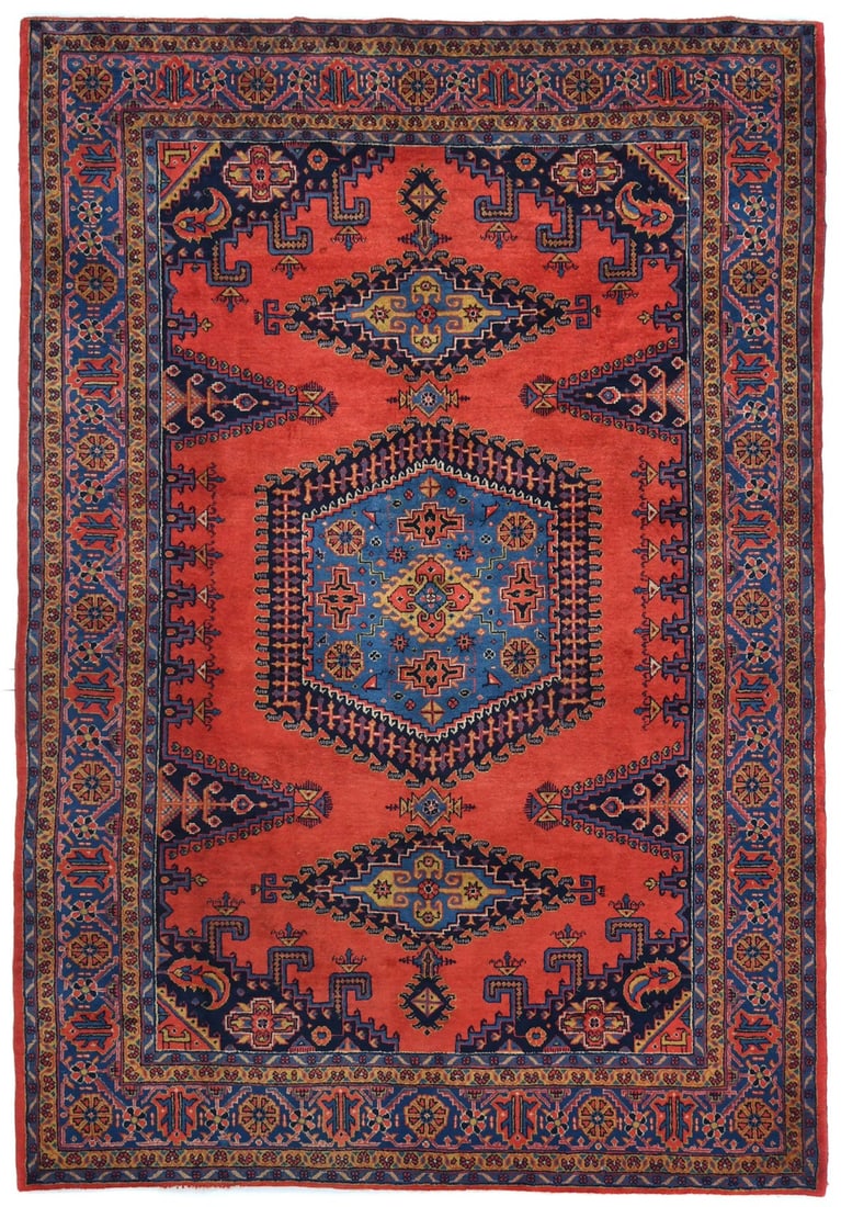 Handmade Vintage 8x11 ft Tribal Wool Rug in Orange-Red: Handmade Vintage 8x11 ft Tribal Wool Rug in Orange-Red Enhance your space with this stunning Large Handmade Vintage Oriental Wool Rug, measuring 7'7" x 11'0". This exquisite area rug features a vibran