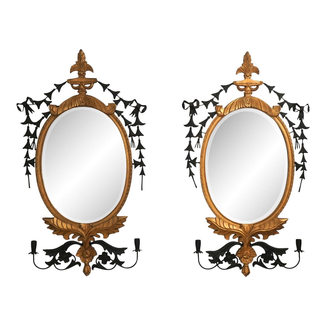 Set of Two Baroque Inspired Giltwood and Tole Mirrors with Candle Sconces: Set of Two Baroque Inspired Giltwood and Tole Mirrors with Candle Sconces This pair of Baroque-style mirrors features finely carved details and high-quality construction, designed in the French style.