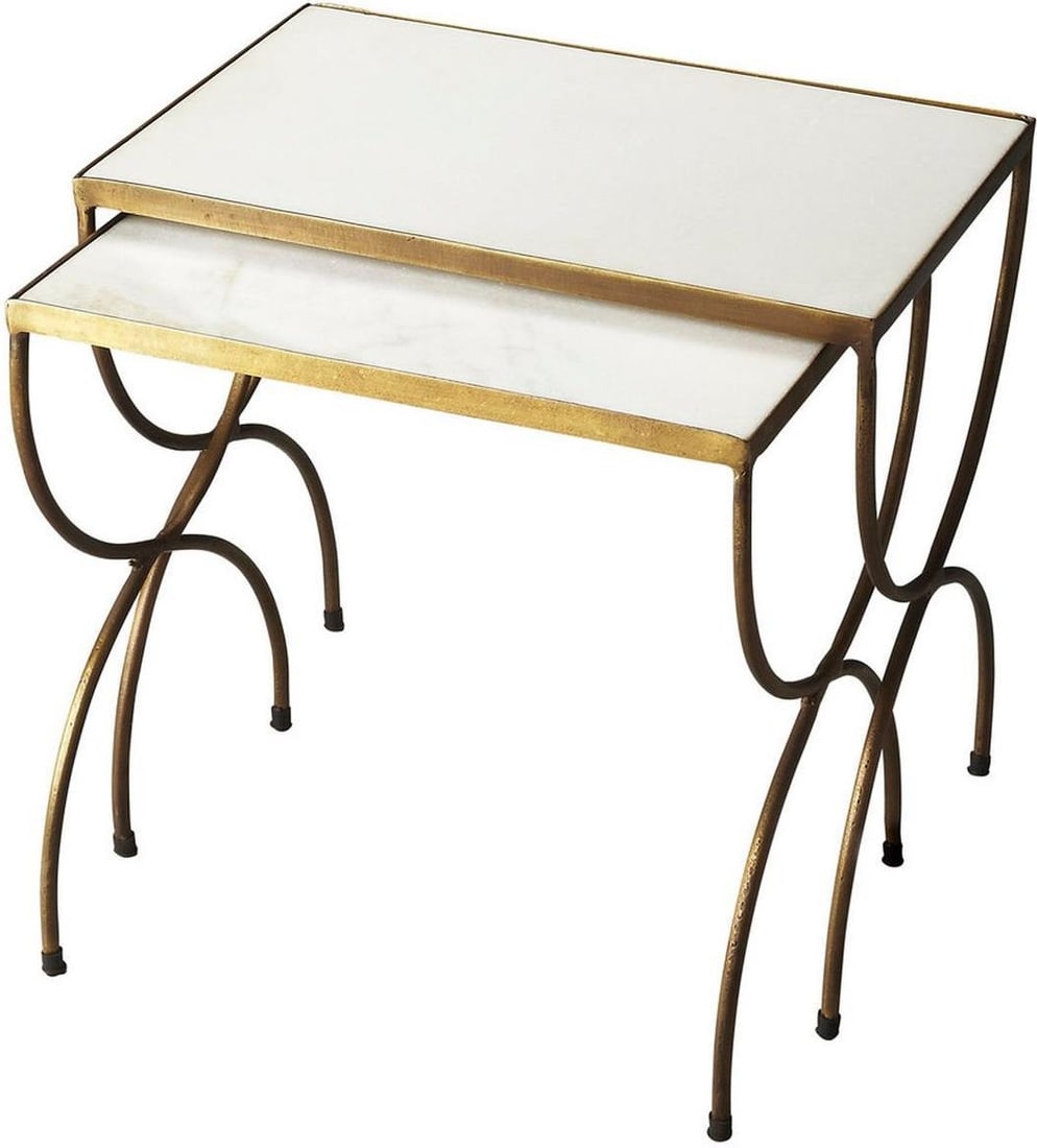 Butler Bacchus Marble Top Nesting Side Tables with Brass Iron Legs: Butler Bacchus Marble Top Nesting Side Tables with Brass Iron Legs Enhance your living space with these Chic Marble Top Nesting Tables featuring a sophisticated blend of materials and a transitional s