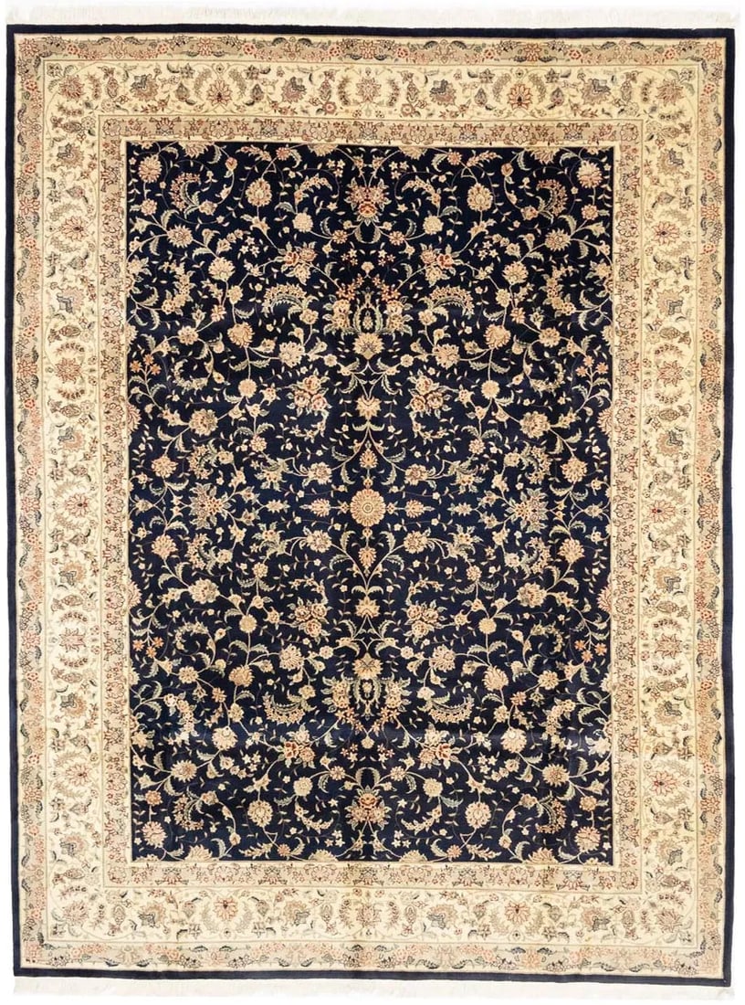 Hand-Knotted Wool Silk 9x12 Floral Area Rug Navy Traditional Vintage Indian Carpet: Hand-Knotted Wool Silk 9x12 Floral Area Rug Navy Traditional Vintage Indian Carpet This large 9x12 navy blue area rug features a classic floral pattern in a traditional Oriental design. Hand-knotted i