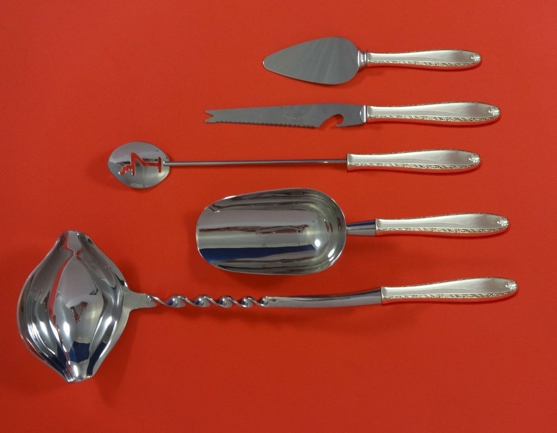 Alvin Southern Charm Sterling Silver 5pc Cocktail Bar Set: Alvin Southern Charm Sterling Silver 5pc Cocktail Bar Set Elevate your cocktail parties with the Southern Charm by Alvin Sterling Silver Cocktail Party Bar Set. This exquisite 5-piece hostess set feat