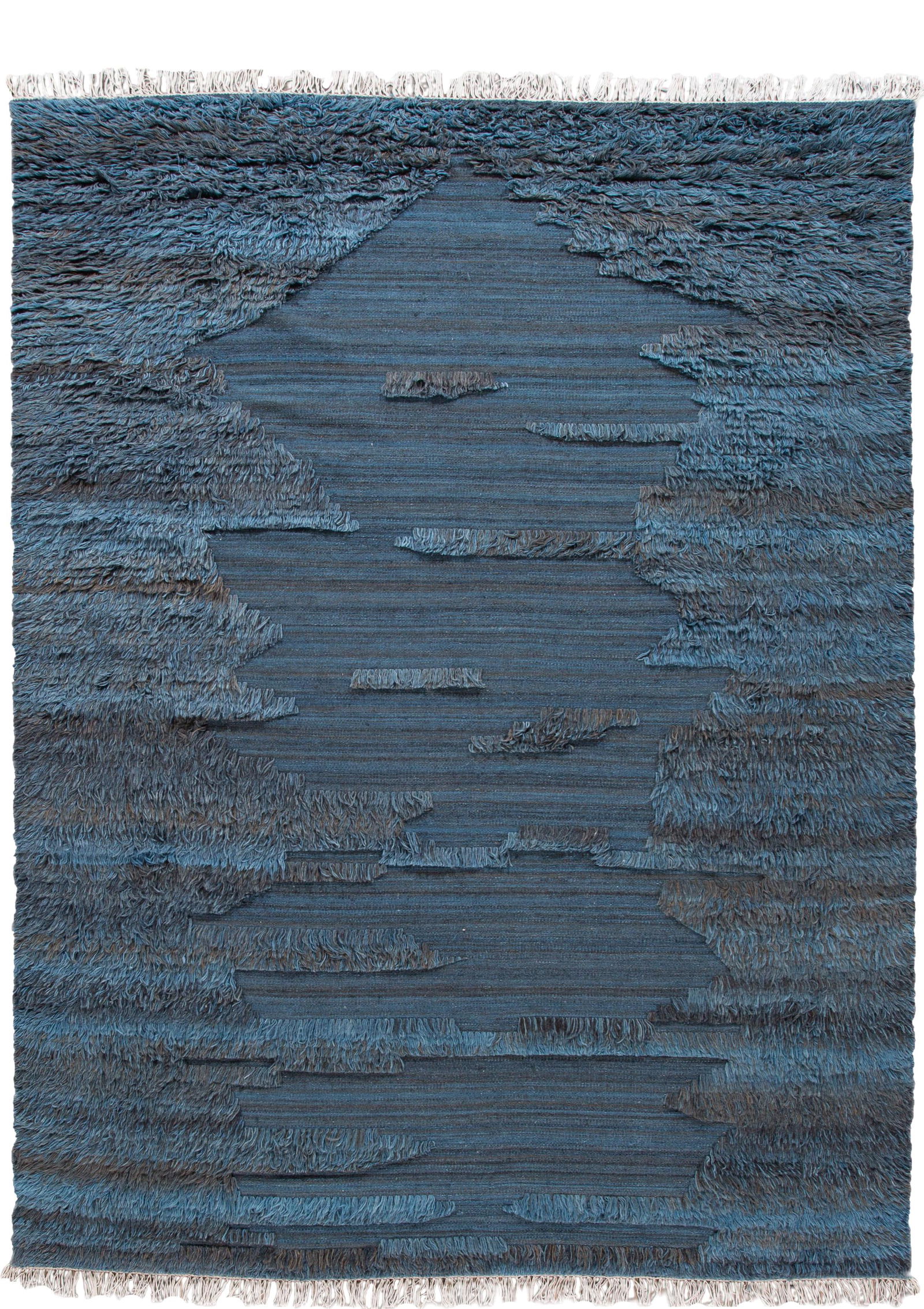 Blue Geometric Berber Wool Rug 9'1" x 11'11": Blue Geometric Berber Wool Rug 9'1" x 11'11" Enhance your home decor with this exquisite hand-made Moroccan-style wool rug featuring a stunning blue field. The rug showcases a captivating all-over geo