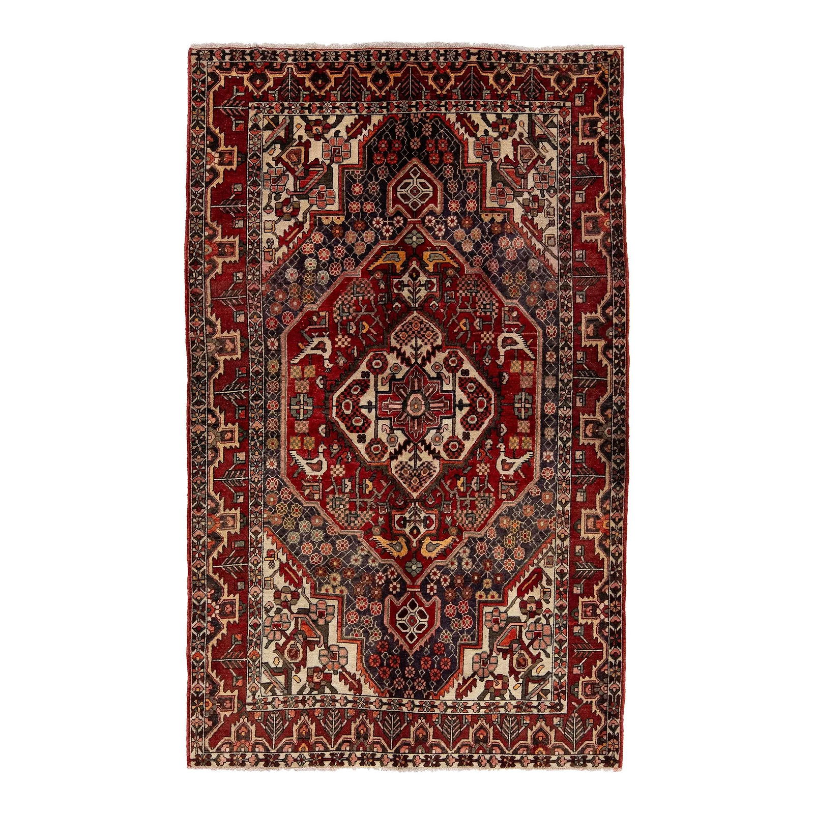 Vintage Persian Bakhtiari Red Wool Rug 5'2 x 8'6 Allover Design: Vintage Persian Bakhtiari Red Wool Rug 5'2 x 8'6 Allover Design This stunning vintage Bakhtiari wool rug features a vibrant red field adorned with a captivating allover design in various multicolor ac