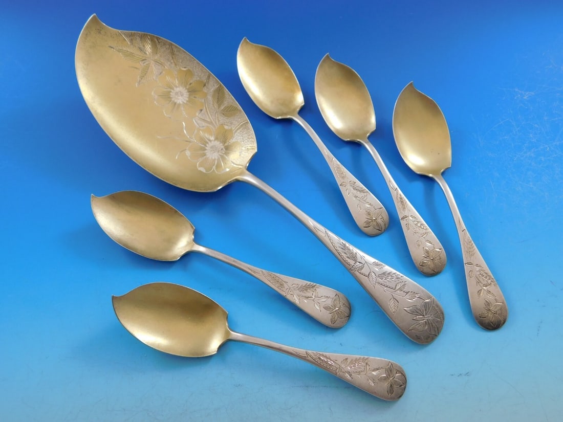 Knowles Brite-Cut Sterling Silver 6pc Ice Cream Set with Butterflies Gold Wash: Knowles Brite-Cut Sterling Silver 6pc Ice Cream Set with Butterflies Gold Wash Enhance your dessert experience with this exquisite Brite-Cut Sterling Silver Ice Cream Set from Knowles. This 6-piece se