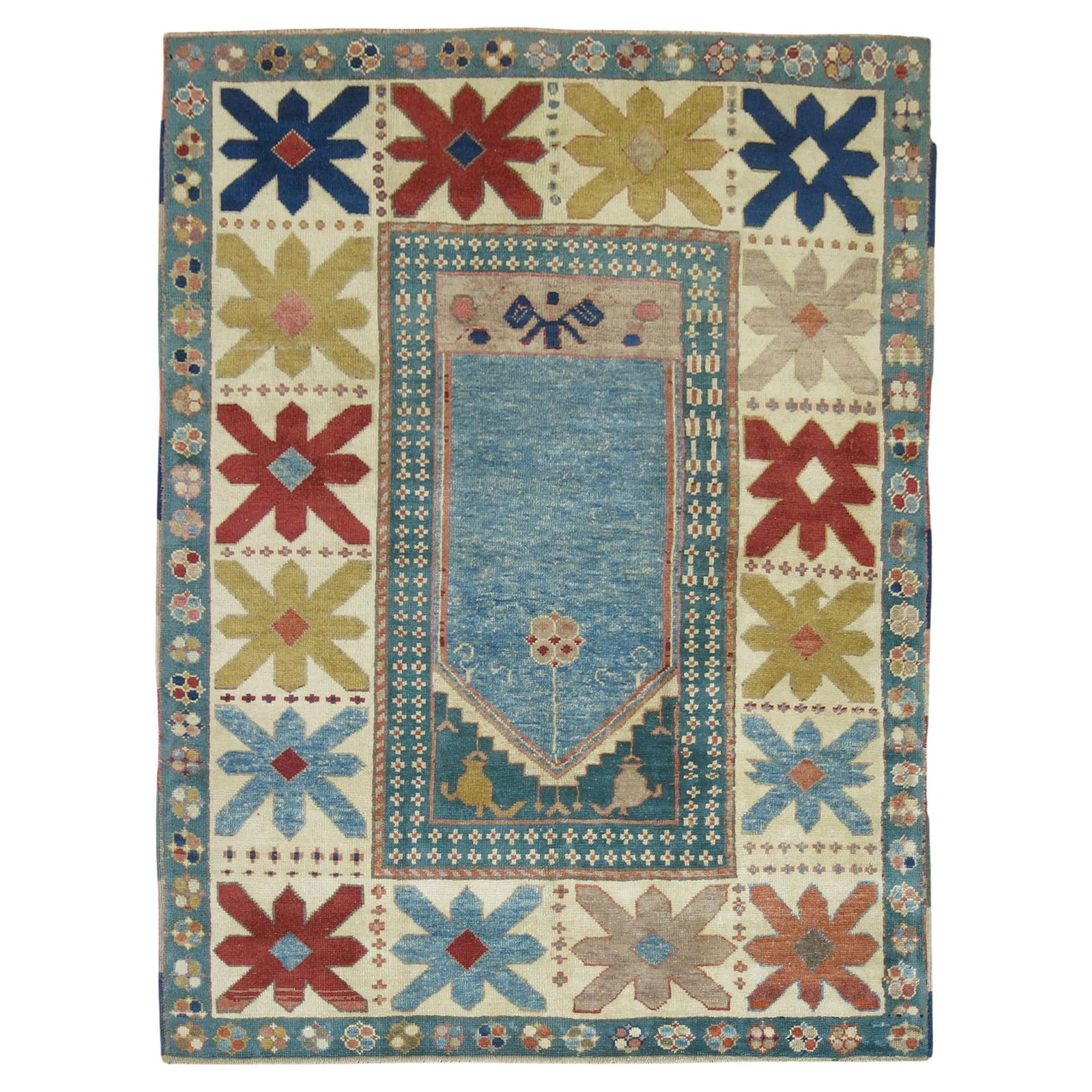 Hand-Knotted Vintage Blue Turkish Prayer Rug 57 x 73 Islamic Design: Hand-Knotted Vintage Blue Turkish Prayer Rug 57 x 73 Islamic Design Discover this exquisite vintage blue Turkish prayer rug, featuring a traditional Islamic design with a prominent prayer niche. Hand-