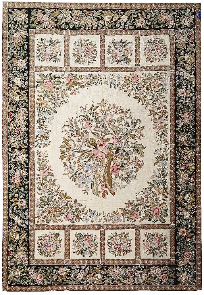 Handcrafted 12' x 18' Needlepoint Area Rug in Ivory Black Green Pink: Handcrafted 12' x 18' Needlepoint Area Rug in Ivory Black Green Pink Free continental US Shipping Enhance your living space with this exquisite 12' x 18' Needlepoint Rug, a stunning masterpiece that s