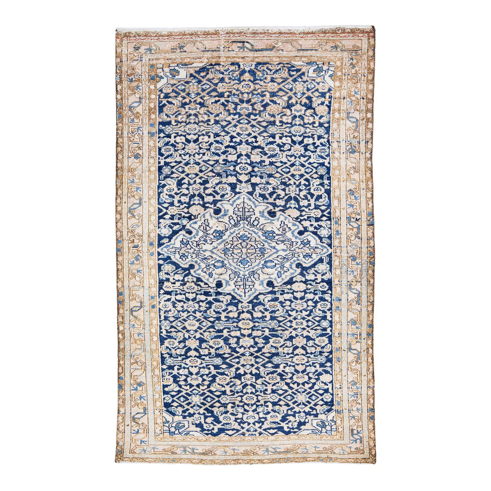 Vintage Persian Hamadan Handmade Wool Rug Navy Blue Medallion 4'1 x 7': Vintage Persian Hamadan Handmade Wool Rug Navy Blue Medallion 4'1 x 7' This stunning vintage Persian Hamadan rug features a beautifully hand-knotted design, showcasing a rich navy blue field complemen