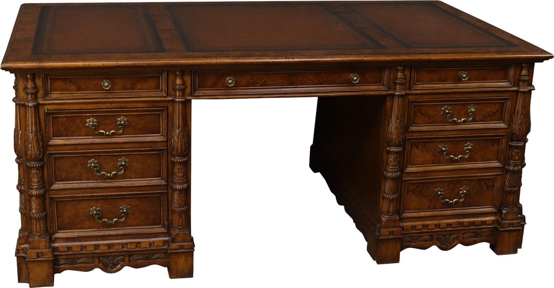 Elegant Antique Style Partners Desk by Scarborough House: Elegant Antique Style Partners Desk by Scarborough House This stunning Partners Desk showcases an exquisite antique style, designed by Scarborough House. Crafted with a classic English traditional aes