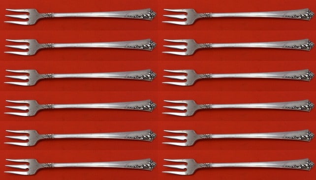 Oneida Damask Rose Sterling Silver Cocktail Fork Set 12 Pieces: Oneida Damask Rose Sterling Silver Cocktail Fork Set 12 Pieces Enhance your dining experience with this exquisite 12-piece set of Damask Rose cocktail forks by Oneida. Crafted from high-quality sterli