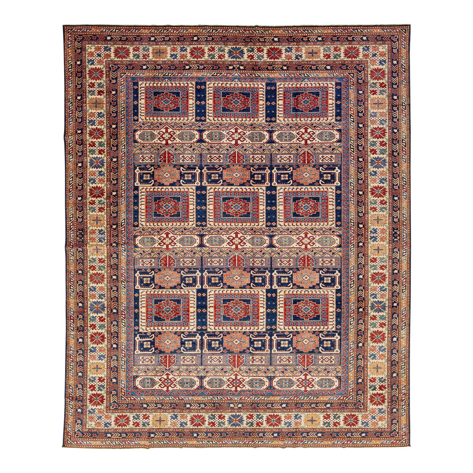 Handmade Kazak Wool Rug Red Blue Geometric Design 5'10 x 7'10: Handmade Kazak Wool Rug Red Blue Geometric Design 5'10 x 7'10 This stunning Kazak wool rug is a hand-crafted masterpiece, featuring a rich red background beautifully complemented by intricate geometri