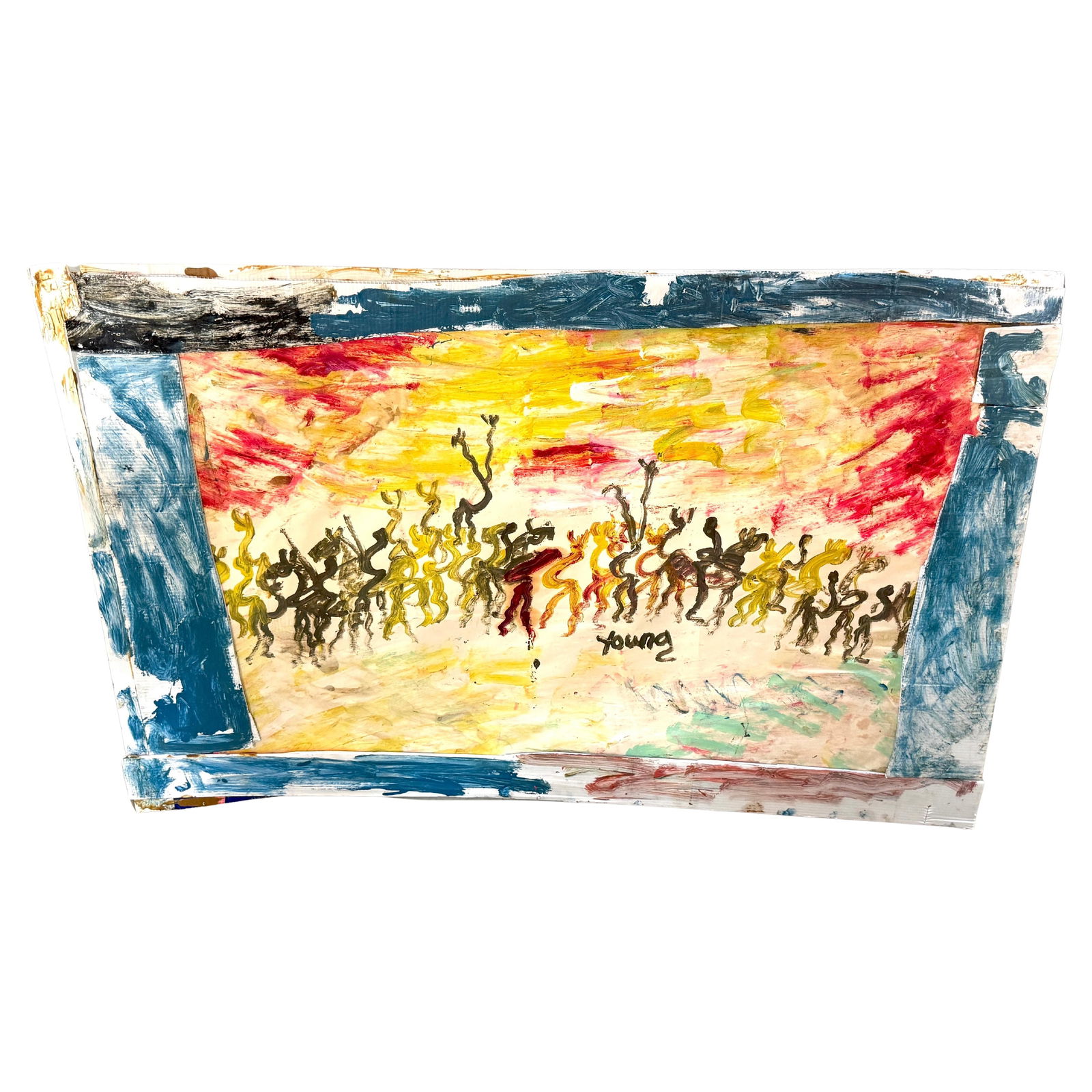 Purvis Young Warriors Beneath a Burning Sky Mixed Media Painting 48 x 30: Purvis Young Warriors Beneath a Burning Sky Mixed Media Painting 48 x 30 This striking artwork titled "Warriors Beneath a Burning Sky" by Purvis Young, created in the 1980s-1990s, features acrylic and