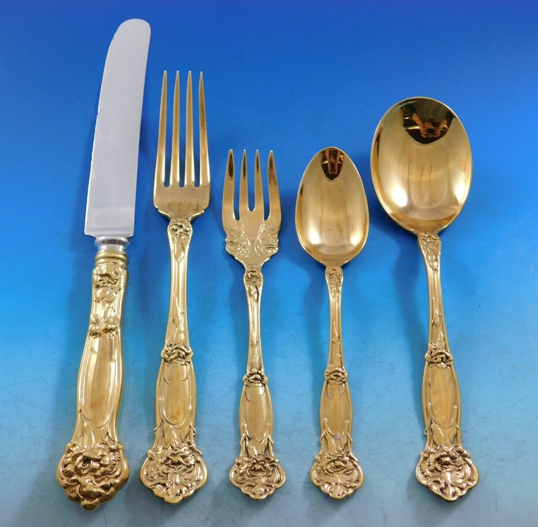 Wallace Carnation Gold Sterling Silver Flatware Set 60 pcs with Storage Chest: Wallace Carnation Gold Sterling Silver Flatware Set 60 pcs with Storage Chest Enhance your dining experience with the Carnation Gold flatware set by Wallace, a stunning collection crafted from sterlin