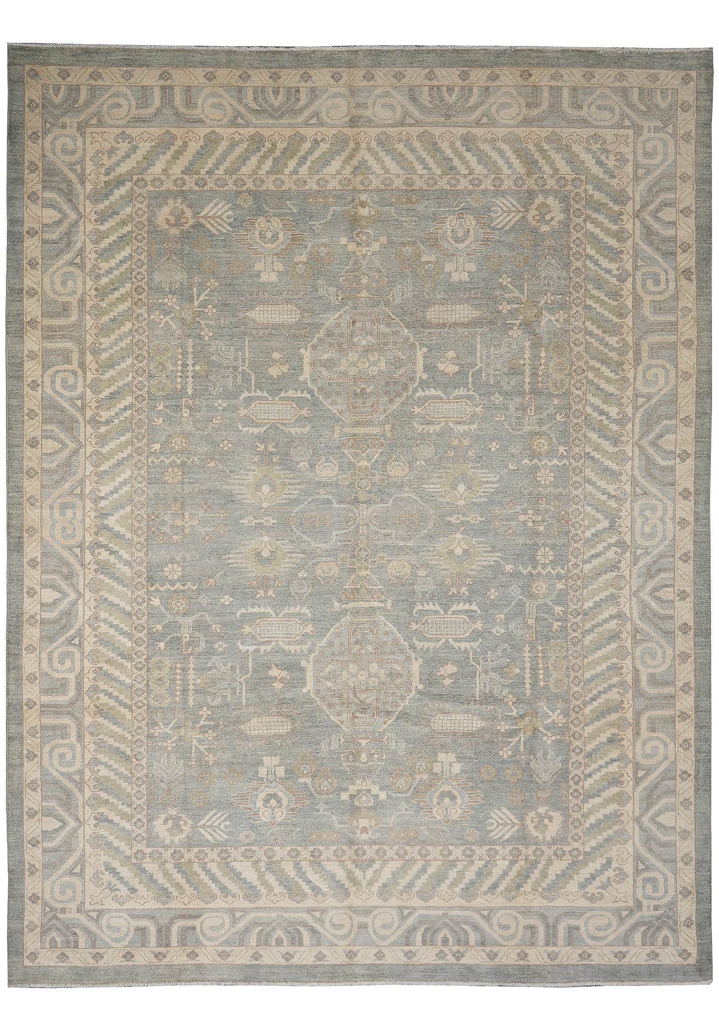 Light Green Oushak Chobi Peshawar Wool Rug 107 x 138 in Hand-Knotted Pakistan: Light Green Oushak Chobi Peshawar Wool Rug 107 x 138 in Hand-Knotted Pakistan Free continental US Shipping This Oushak Chobi Peshawar area rug features a hand-knotted construction from natural wool, o