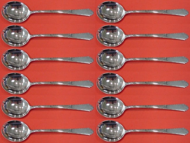 Lunt Sterling Silver William and Mary Cream Soup Spoon Set 12 Pieces: Lunt Sterling Silver William and Mary Cream Soup Spoon Set 12 Pieces Discover the elegance of the William and Mary pattern with this exquisite 12-piece set of cream soup spoons by Lunt. Crafted from h