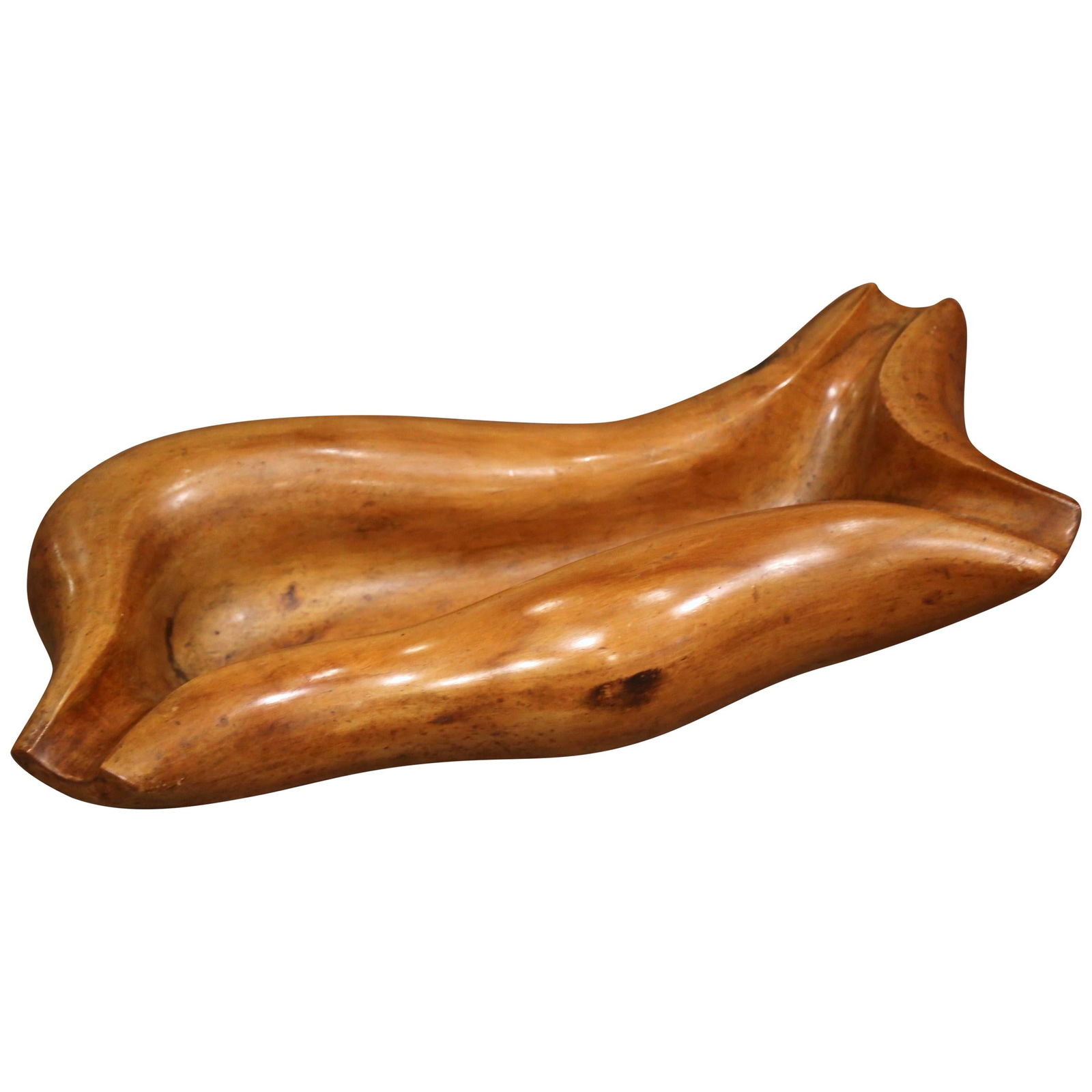 Midcentury French Walnut Centerpiece Bowl by Delaporte 1950: Midcentury French Walnut Centerpiece Bowl by Delaporte 1950 This exquisite midcentury centerpiece bowl is a stunning example of French craftsmanship. Hand-carved from walnut, this rectangular bowl fea