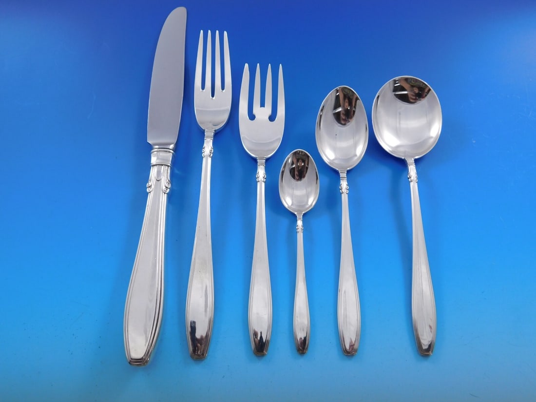 Gorham Nocturne Sterling Silver Flatware Set 74 pcs for 12 with Storage Chest: Gorham Nocturne Sterling Silver Flatware Set 74 pcs for 12 with Storage Chest Elevate your dining experience with this exquisite Nocturne flatware set by Gorham, crafted from high-quality sterling sil