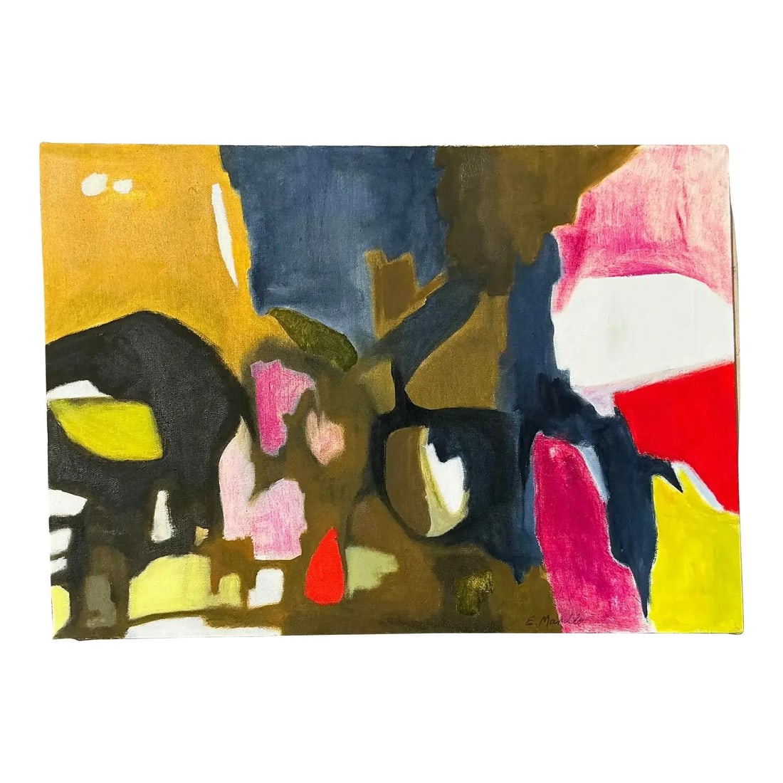 Vintage Boho Abstract Oil Painting on Canvas 28x20: Vintage Boho Abstract Oil Painting on Canvas 28x20 This vintage abstract oil painting on canvas is a vibrant explosion of color and dynamic movement. Featuring a captivating combination of ochre, navy